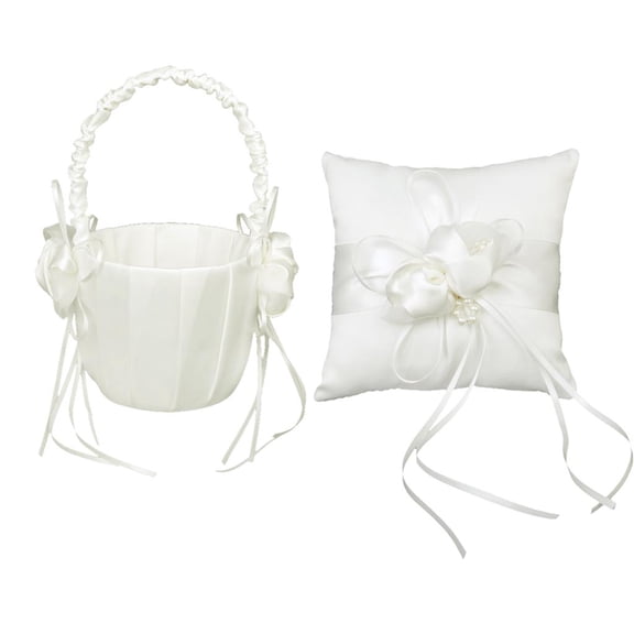1 Set Bearer Pillow and Wedding Flower Girl Basket Set Pearl Rhinestones White Collection