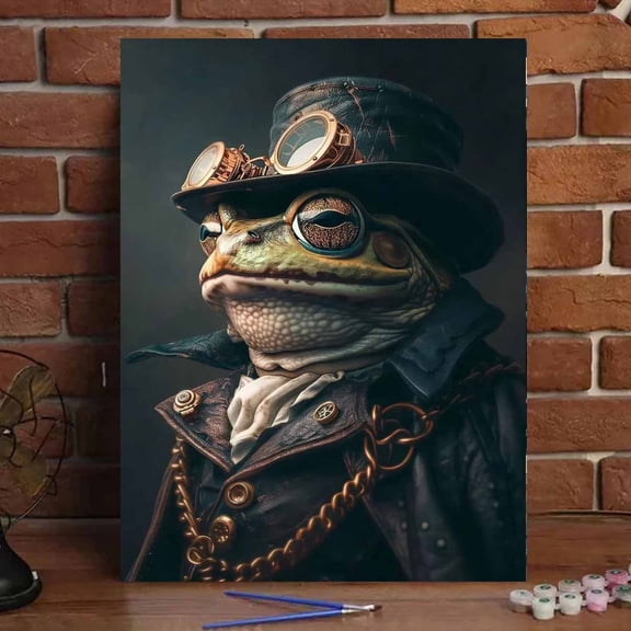 1 Set Beginner Adult Steampunk Frog Paint by Numbers Kit with Paints, Canvas & Brushes - 40x50cm/15.74x19.68in Unframed Victorian-Style Frog Artist with Goggles & Top Hat