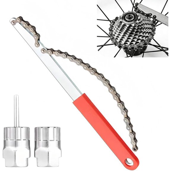 1 Set Bike Freewheel Removal Tool, Bike Chain Whip with 2 Cassette Lockring Nut Kit, Portable Bicycle Rotor Lockring Removal Wrench, Universal for Road & Mountain Bikes (Silver)