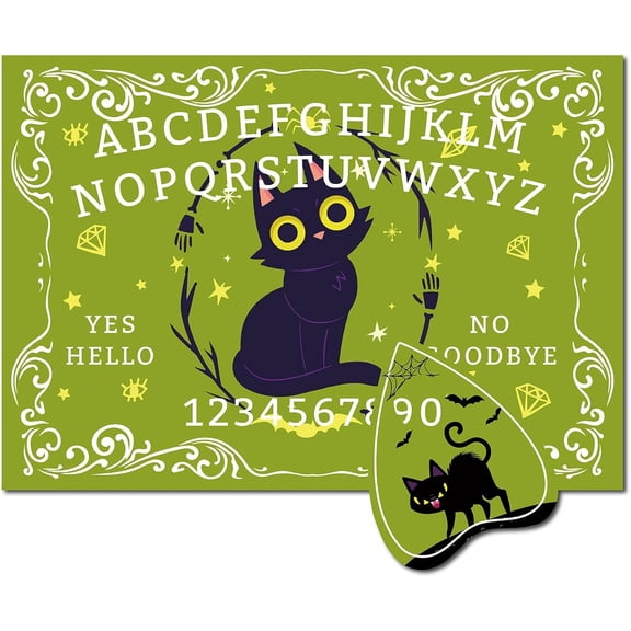 1 Set Black Cat Pendulum Dowsing Divination Board Wooden Spirit Board Pendulum Board Green Talking Board Kit Metaphysical Message with Planchette for Witchcraft Altar Supplies 11.8x8.3Inch