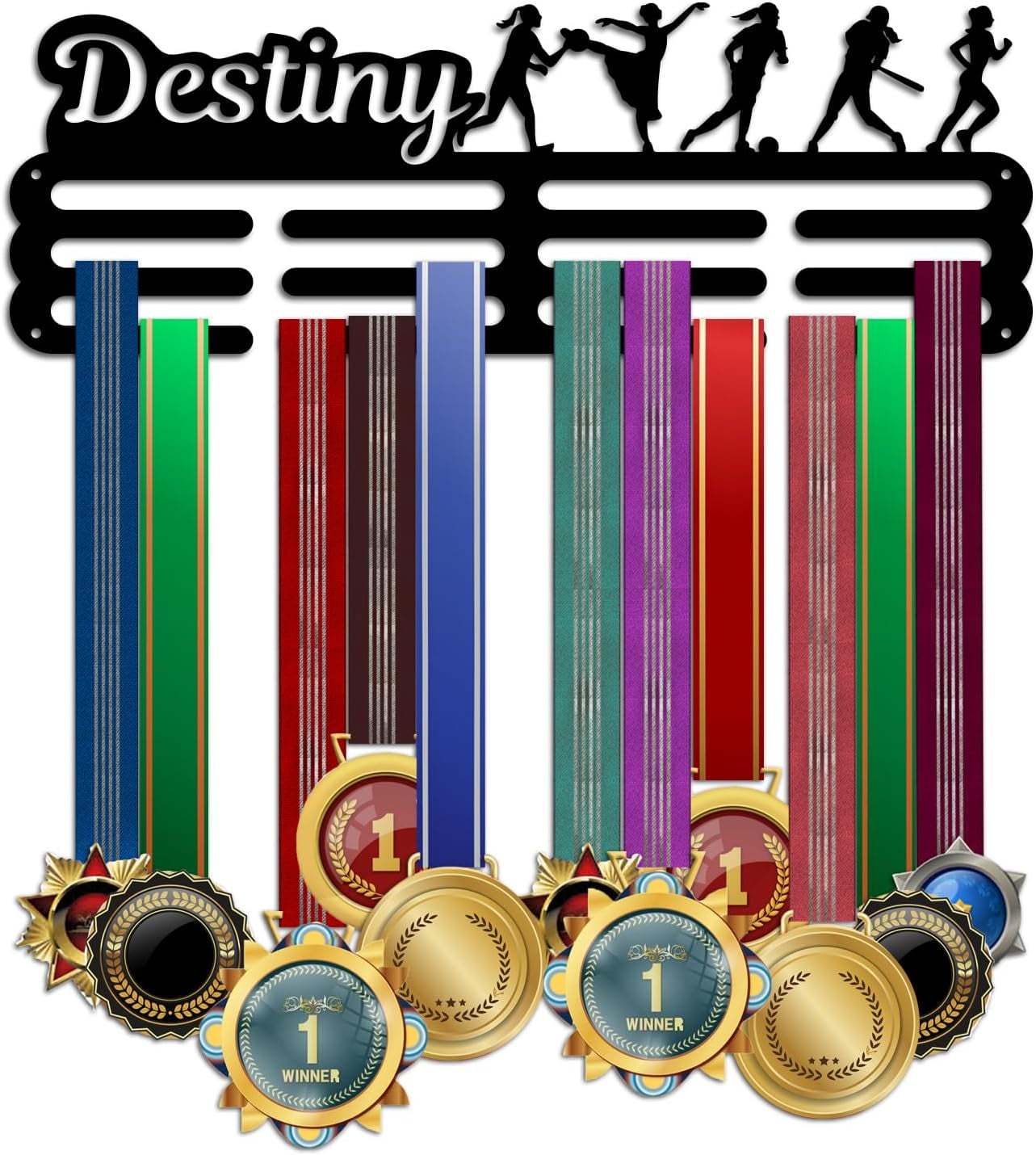 1 Set Black Sports Medal Hanger Display Women's Sports Medal Hook 4 Lines Sport Award Rack Wall Mount Metal Frame for over 50 Multiple Sports Medals Ribbons & Awards 40x15cm/15.7x5.9inch