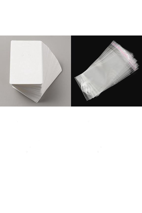 1 Set Blank Paper Keychain Display Cards Rectangle with 100pcs OPP Cellophane Bags White 9x6x0.05cm 100 sheets/set