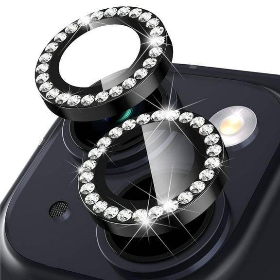 1 Set of Bling Diamond Camera Lens Protector for iPhone 15, HD Clear Tempered Glass Metal Camera Lens Protection Cover, Case Friendly, Scratch Proof for iPhone 15, Black