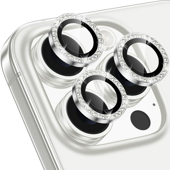 1 Set of Bling Diamond Camera Lens Protector for iPhone 15 Pro, HD Clear Tempered Glass Metal Camera Lens Protection Cover, Case Friendly, Scratch Proof for iPhone 15 Pro, Silver