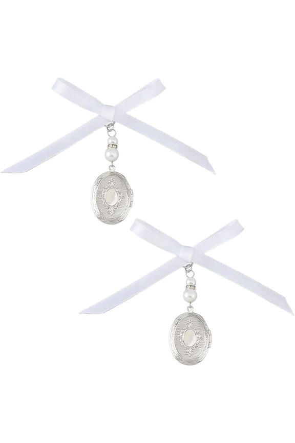 1 Set Brass Locket Pendants with Plastic Beads and Satin Ribbon Platinum 70mm 2pcs/set