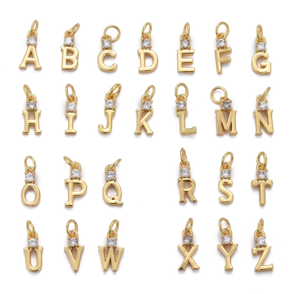 1 Set Brass Micro Pave Clear Cubic Zirconia Pendants Letter Letter A~Z 9~10x3~5x2~2.5mm Jump Ring: 4x1mm Hole: 2.5mm 26pcs/set