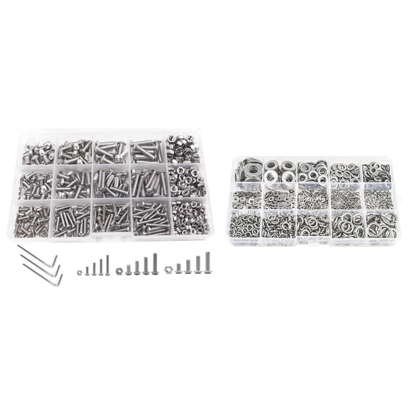 1 Set Button Head Hex Socket Head Cap Bolts Screws with Nuts & 1 Set Flat Washer and Lock Washer Assortment Set,Silver