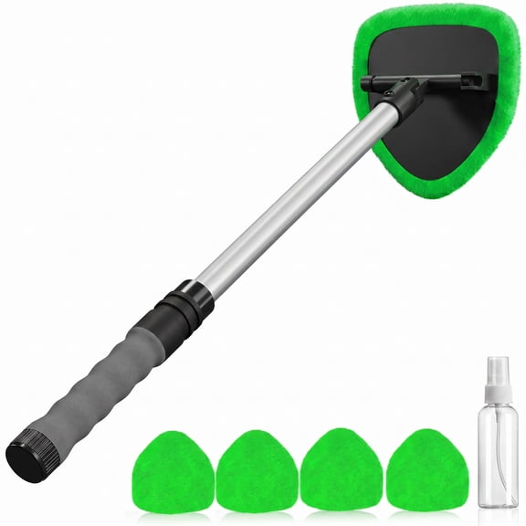 1 Set Car Windshield Cleaner with 4 Reusable Microfiber Pads, Extendable Aluminum Handle, 180 Swivel Head, Inside Outside Window Wiper, Green
