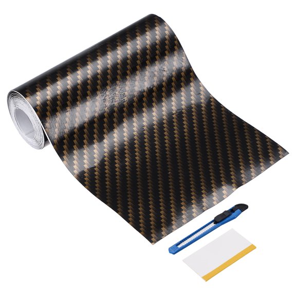 1 Set Carbon Fiber Vinyl Wrap 1.97" x 16ft Self-Adhesive Car Sticker Waterproof Wrap Roll for DIY Decor Automotive Exterior Interior Protection with Scraper Tool, Black Golden
