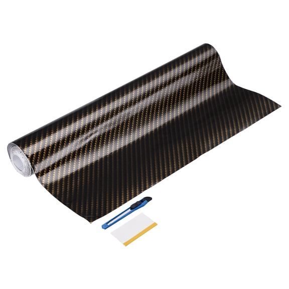1 Set Carbon Fiber Vinyl Wrap 11.81" x 10ft Self-Adhesive Car Sticker Waterproof Wrap Roll for DIY Decor Automotive Exterior Interior Protection with Scraper Tool, Black Golden