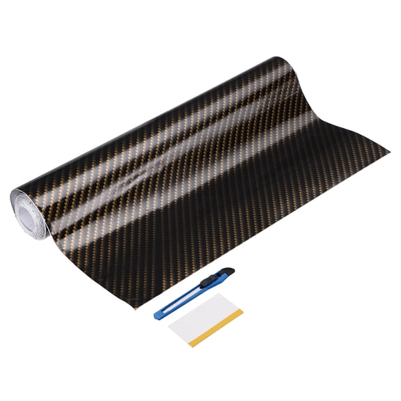 1 Set Carbon Fiber Vinyl Wrap 11.81" x 13ft Self-Adhesive Car Sticker Waterproof Wrap Roll for DIY Decor Automotive Exterior Interior Protection with Scraper Tool, Black Golden