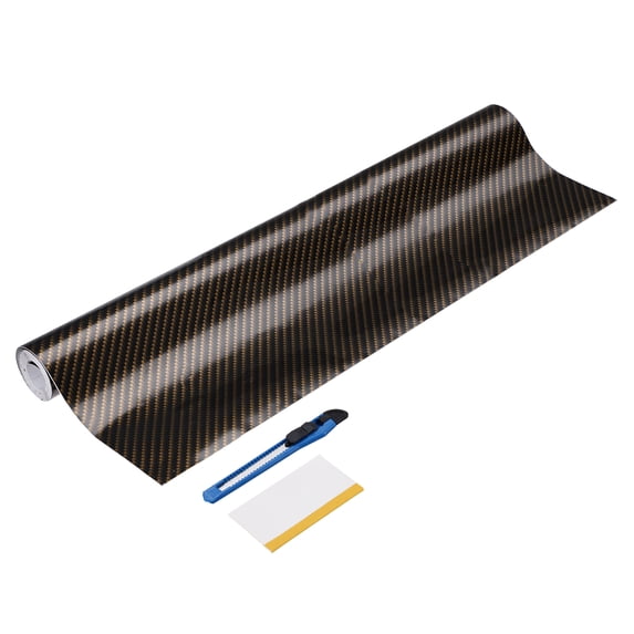1 Set Carbon Fiber Vinyl Wrap 11.81" x 5ft Self-Adhesive Car Sticker Waterproof Wrap Roll for DIY Decor Automotive Exterior Interior Protection with Scraper Tool, Black Golden