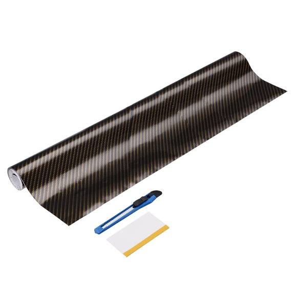 1 Set Carbon Fiber Vinyl Wrap 15.75" x 5ft Self-Adhesive Car Sticker Waterproof Wrap Roll for DIY Decor Automotive Exterior Interior Protection with Scraper Tool, Black Golden