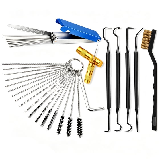 1 Set Carburetor Cleaning Kit, Stainless Steel Torch Tip Cleaner with 1 Brush + 4 Hooks, Nylon Brush for Motorcycle Jet Lawnmower Small Engine Welding Stove