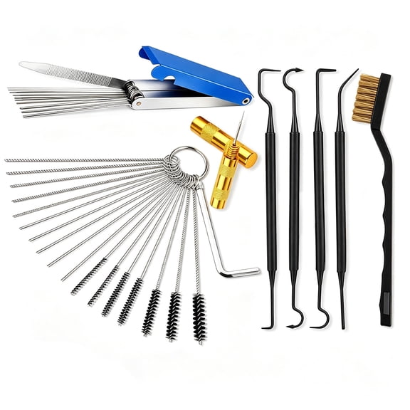 1 Set Carburetor Cleaning Kit, Stainless Steel Torch Tip Cleaner with 1 Brush + 4 Hooks, Nylon Brush for Motorcycle Jet Lawnmower Small Engine Welding Stove