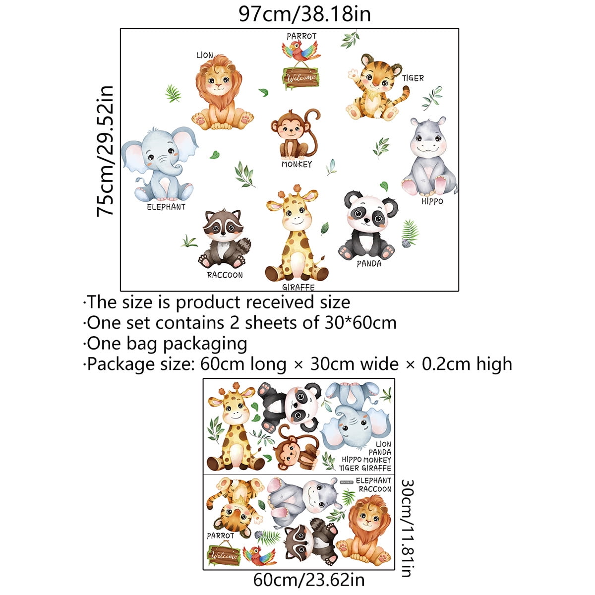 1 Set Cartoon Animal Wall Decal Bedroom Wall Sticker Jungle Animals