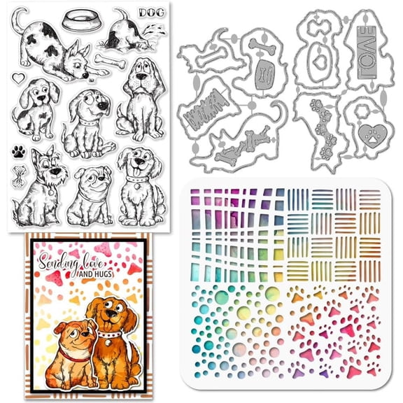 1 Set Cartoon Dog Silicone Clear Stamps Metal Funny Dog Cutting Die Cuts Geometric Dog Claw Background PET Paint Craft Stencils Template for Card Making and DIY Embossing Scrapbooking