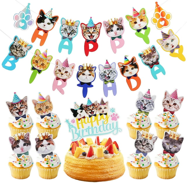 1 Set Cat Birthday Decoration Cat Cake Topper Cat Banner Cat Themed ...