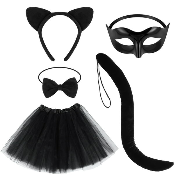 1 Set Cat Ear Headband Tail Cosplay Tutu Skirt Bow Tie Half Mask Cat Costume Accessories for