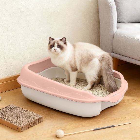 1 Set Cat Litter Box, Portable Litter Box Plastic Bins, Compact Potty Cat Litter Tray Cat Litter Box Enclosure Furniture with Scoop For Kitten - Low Entry Open, 16.5x11.4x5.5in, Pink