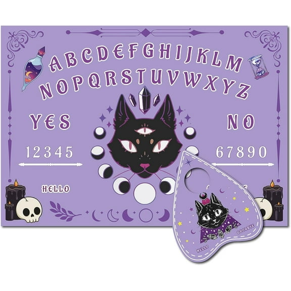 1 Set Cat Wooden Spirit Board Purple Pendulum Board Dowsing Divination Kit Wood Talking Board Metaphysical Message with Planchette for Wicca Hunt Birthday Party Supplies 11.8X8.3 Inch