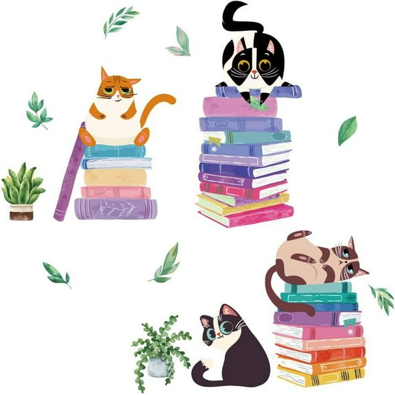 1 Set Cats Reading Wall Stickers Colorful Book Plants Wall Decal Kitty Kitten Nursery Decorations Study Classroom Bedroom Art Bedroom Reading Corner Wall Decor School Classroom Wall Decor
