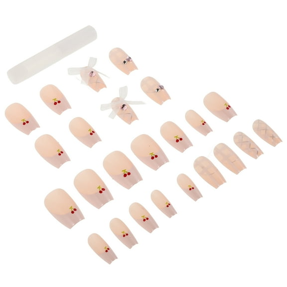 1 Set Cherry Fake Nails French Manicure False Nails Reusable Glue on Nails Cute Short Square Press Nails Cute False Nails Full Covers for Women Manicure