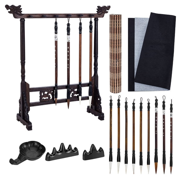 1 Set Chinese Calligraphy Drawing Kit include Brush Holder & Brush Pen & Water Writing Magic Cloth for Chinese Calligraphy Lovers Mixed Color
