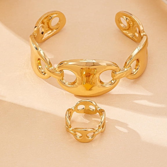 1 Set Coffee Bean Alloy Cuff Bangle and Ring Set Golden Inner Diameter 62mm Jewelry Accessories for Women Parties Suitable for a Variety of Occasions Making DIY