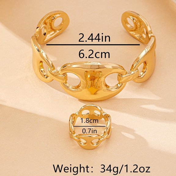 1 Set Coffee Bean Alloy Cuff Bangle and Ring Set Golden Inner Diameter 62mm Jewelry Accessories for Women Parties Suitable for a Variety of Occasions