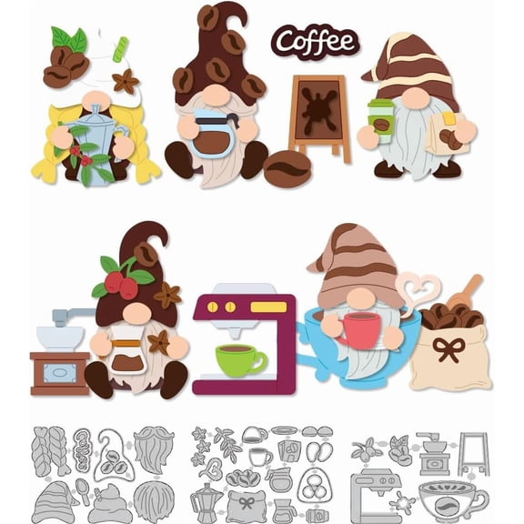 1 Set Coffee Gnome Theme Carbon Steel Cutting Dies Stencils Decorative Embossing Paper Card Mixed Shapes 100~107x153~157x0.8mm 3pcs/set