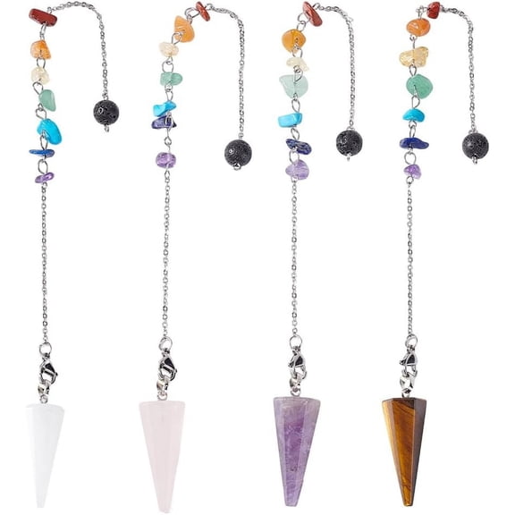 1 Set Cone Natural Gemstone Pointed Dowsing Pendulums with 304 Stainless Steel Findings 246mm 4pcs/set
