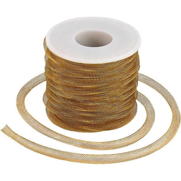 1 Set Copper Mesh Tubing 10.9 Yards(10m) Mesh Tubing Ribbon 7mm Decorative Net Thread Cord Golden Garland Mesh Tube Flex Cord for Wrapping Crafting Christmas Wreath DIY Jewelry Making