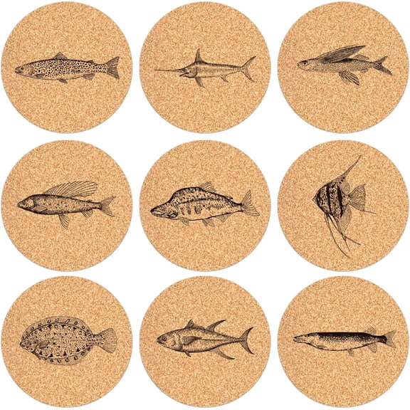 1 Set Cork Cup Mats Set Printed Coasters Flat Round Peru Fish Pattern 100x5mm 9pcs/set