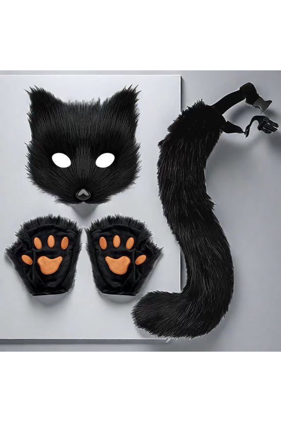 1 Set Cosplay Fake Fox Tail Mittens Masque Set Soft Fuzzy Plush Adjustable Waist Circumference Anti-slip Performance Club Dance Paty Costumes Prop Artificial Tail