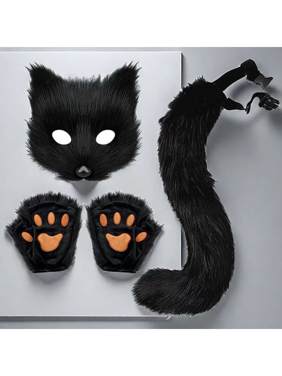 1 Set Cosplay Fake Fox Tail Mittens Masque Set Soft Fuzzy Plush Adjustable Waist Circumference Anti-slip Performance Club Dance Paty Costumes Prop Artificial Tail
