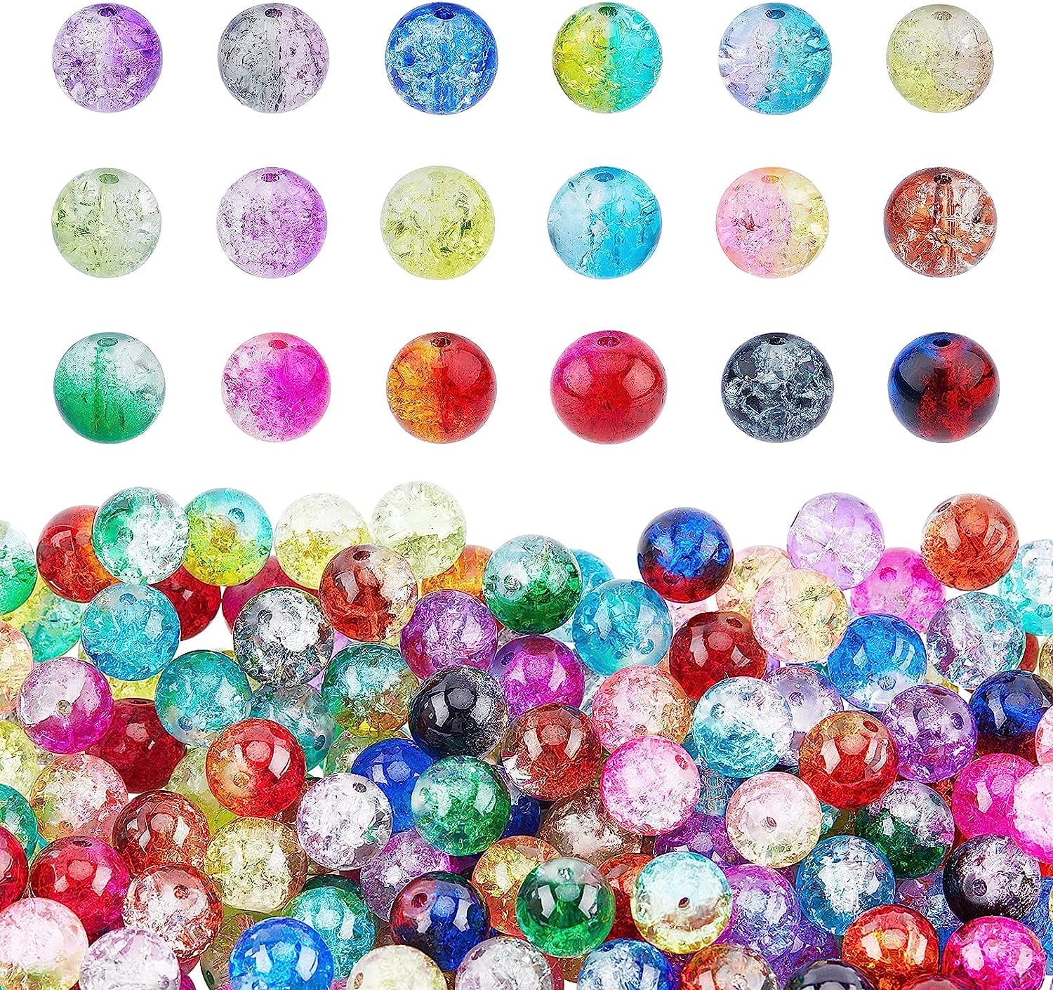 1 Set Crackle Glass Beads 18 Colors 10mm Crystal Beads 270pcs with Scissors Elastic Crystal Thread Beading Needles for Necklace Bracelet Earring Jewelry Making