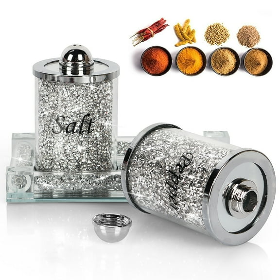 1 Set Crystal Glass Crushed Diamond Salt and Pepper Shakers with Tray Salt Pepper Jar Canister Storage Pots for Kitchen Counter Dining Room