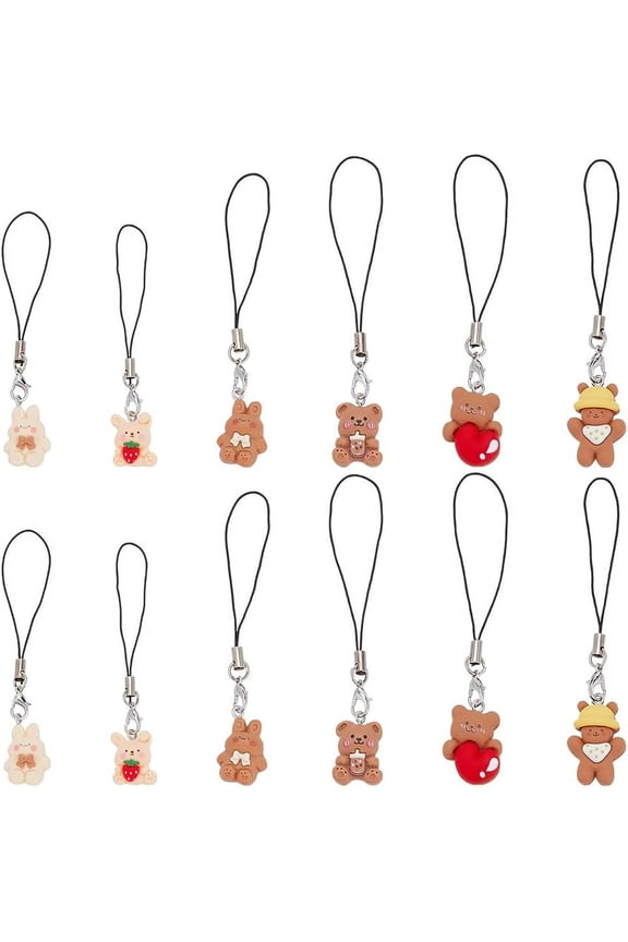 1 Set Cute Bear Decoration Nylon Phone Charms Strap Cell Phone Pendant Decoration Chocolate 9.2~10.5cm 6 style 2pcs/style 12pcs/set