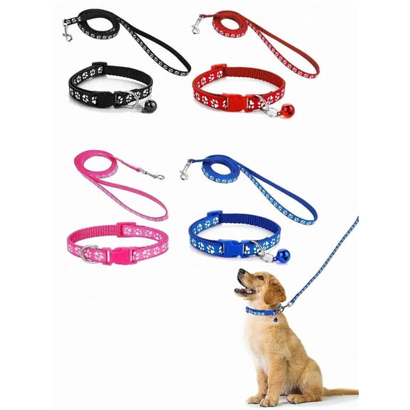 1 Set Cute Dog Paw Print Leash and Collar Set, Adjustable Buckle with Bell, Polypropylene Material, Stylish & Comfortable for Small Dogs and Cats, Multiple Colors Available