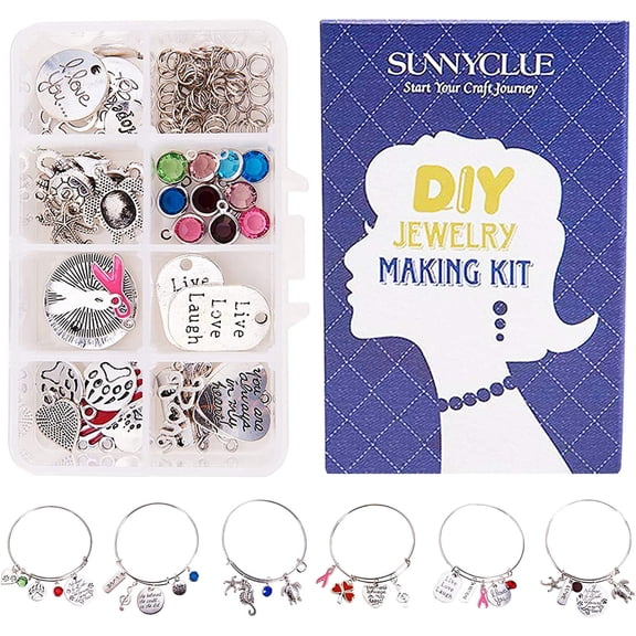 1 Set DIY 6 Sets Expandable Wire Charm Bracelet Jewellry Making Starter Kit Include 2.6inch(65mm) Blank Adjustable Bangle & 42pcs Charm Pendant Beads for Women Girls Adults