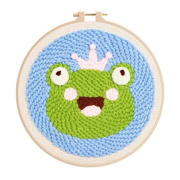 1 Set DIY Animal Pattern Punch Embroidery Beginner Kits for Beginners including Embroidery Fabric & Hoop & Yarn Instruction Frog 200mm
