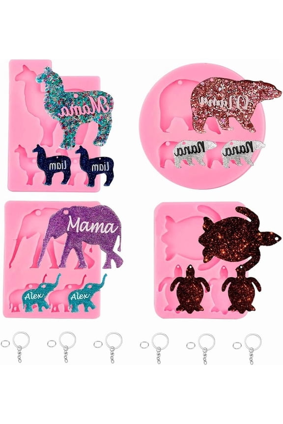 1 Set DIY Animal Theme Keychain Making Kits with Pendant Silicone Molds Resin Casting Molds Iron Keychain Ring and Iron Jump Rings Pink