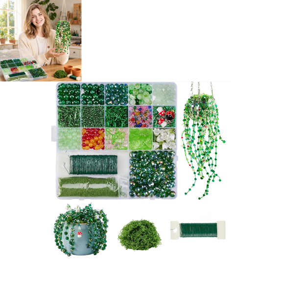 1 Set DIY Beaded Hanging Plant Kit, Green Glass Bead Succulent Craft Supplies with 2 Pots, Seed Beads, Floral Wire & Moss for Adults Home Decor & Creative Gift