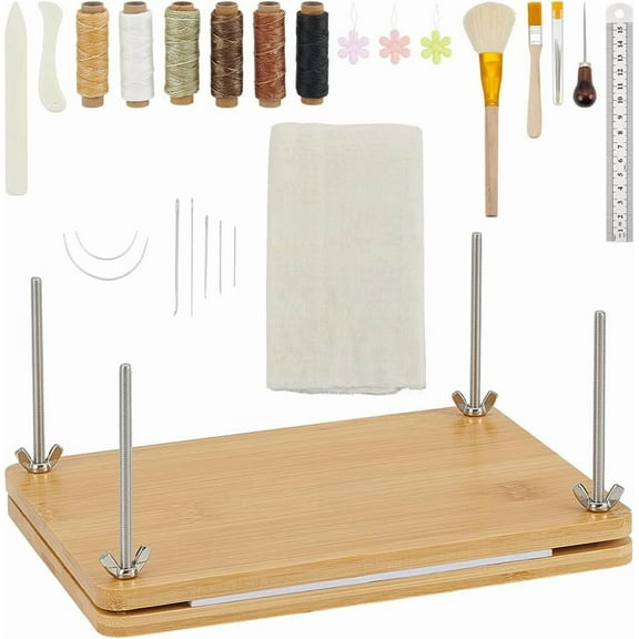 1 Set DIY Bookbinding Tool Kits including Bamboo Portable Book Press Bookbinding Tool Leather Craft Kits Stainless Steel Ruler Wooden Brush Pens