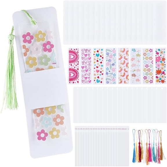 1 Set DIY Bookmake Making Kits Including Transparent Board Blank Paper Card Tassels UV Stickers Mixed Color 116~120x36~43x0.5mm