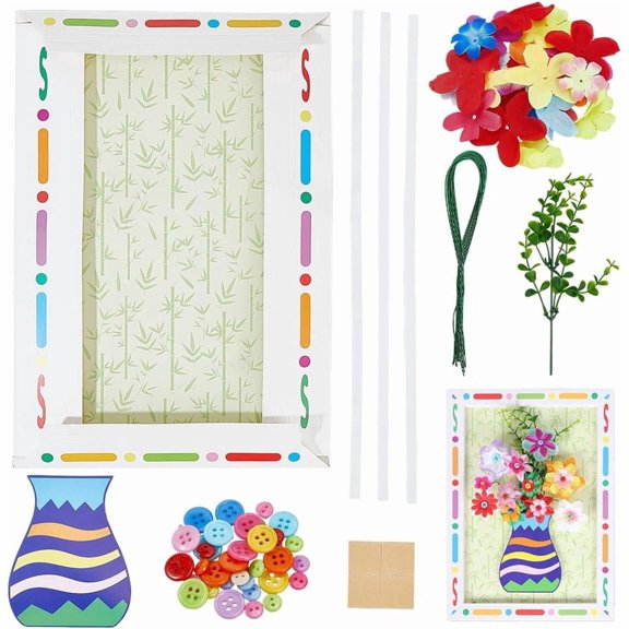 1 Set DIY Button Flowers Bouquet Photo Frame Kits with Paper Frame Button Educational Craft Painting Sticky Toys for Mixed Color 347x240mm Handmade