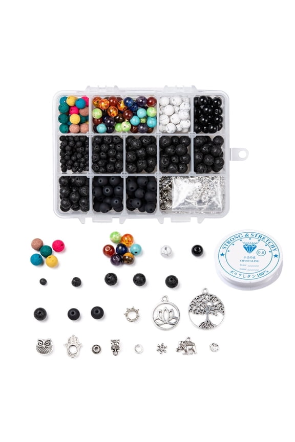 1 Set DIY Stretch Bracelet Making Kits with Elastic Crystal Thread Round Lava Rock Gemstone & Glass Beads Alloy Pendants & Beads Silver