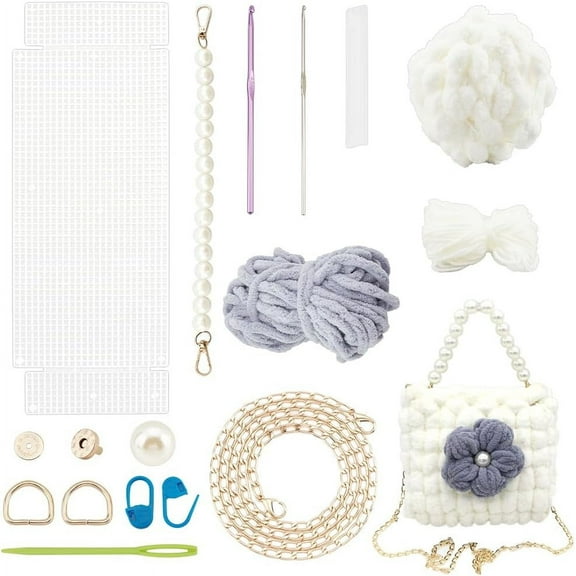 1 Set DIY Crochet Handbag Making Kit Hand-Knit Woven Tote Bag Making Kit Mesh Plastic Canvas Sheets Needlepoint Kit Handmade Shoulder Bag Making All Tool Yarns Bag Crafting Material White