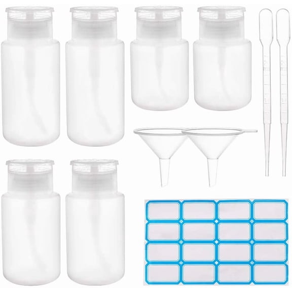 1 Set DIY Empty Plastic Press Pump Bottle Sets with Waterproof Sticker Labels Plastic Funnel Hopper & Dropper White 100ml/160ml/180ml 6pcs/set